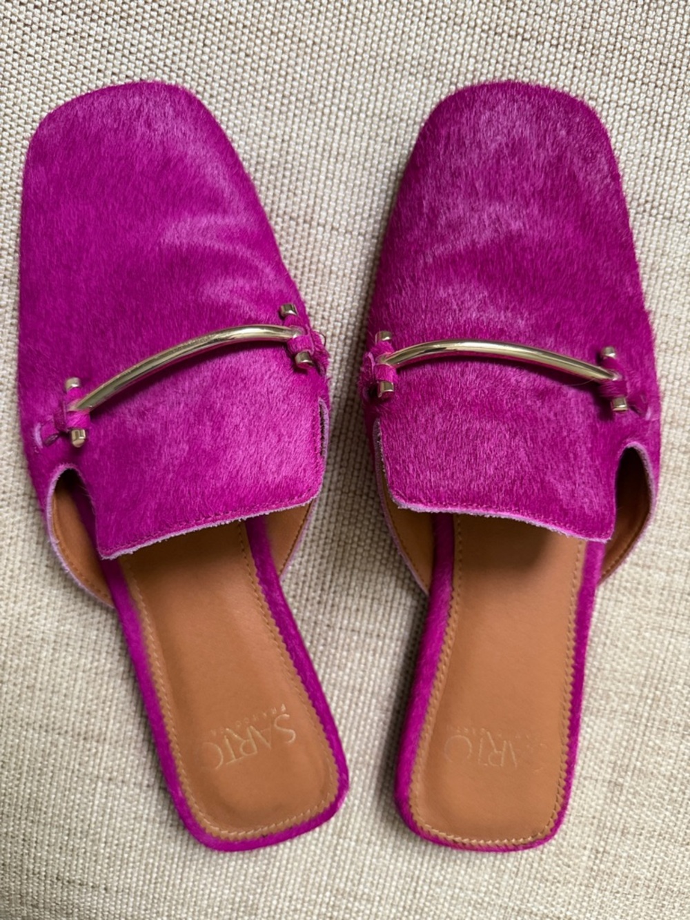 SARTO Franco Sarto Calf Hair Mules Pink Slip On Flats A-Venna Metal Bar Size 7
